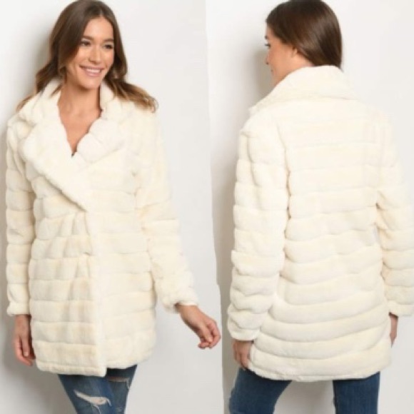 Happy Organics Boutique Jackets & Blazers - Faux Fur Collared, Long Buttoned Coat Ivory Large